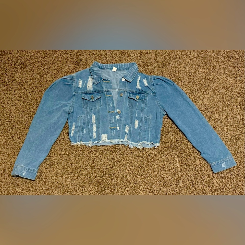 Distressed Puff Shoulder Jean Jacket